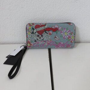 (#126) Ed Hardy Blue Denim "Love Kills Slowly" Floral Rhinestones Wallet